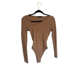 7 For All Mankind Womens Ribbed Asymmetrical Cutout Long Sleeve Bodysuit Tan XS